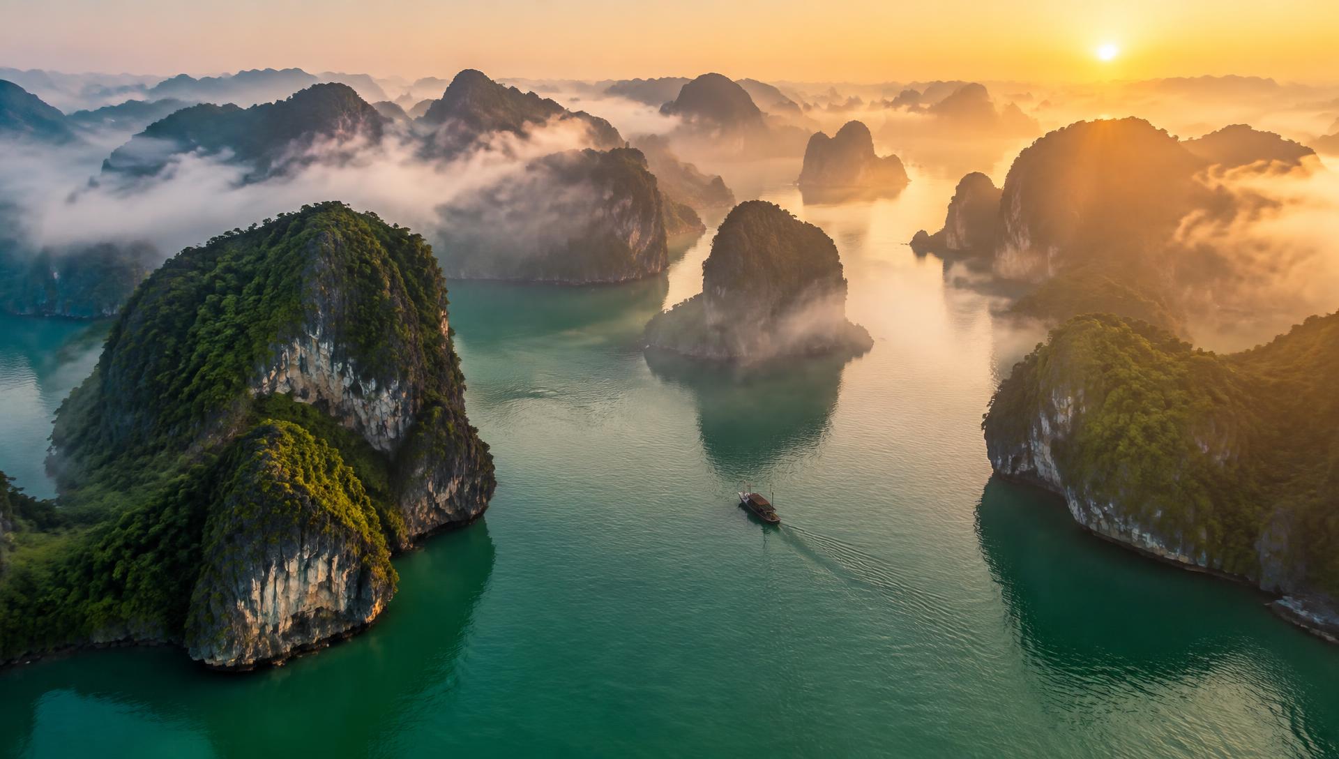 Karsts of Ha Long Bay at dawn