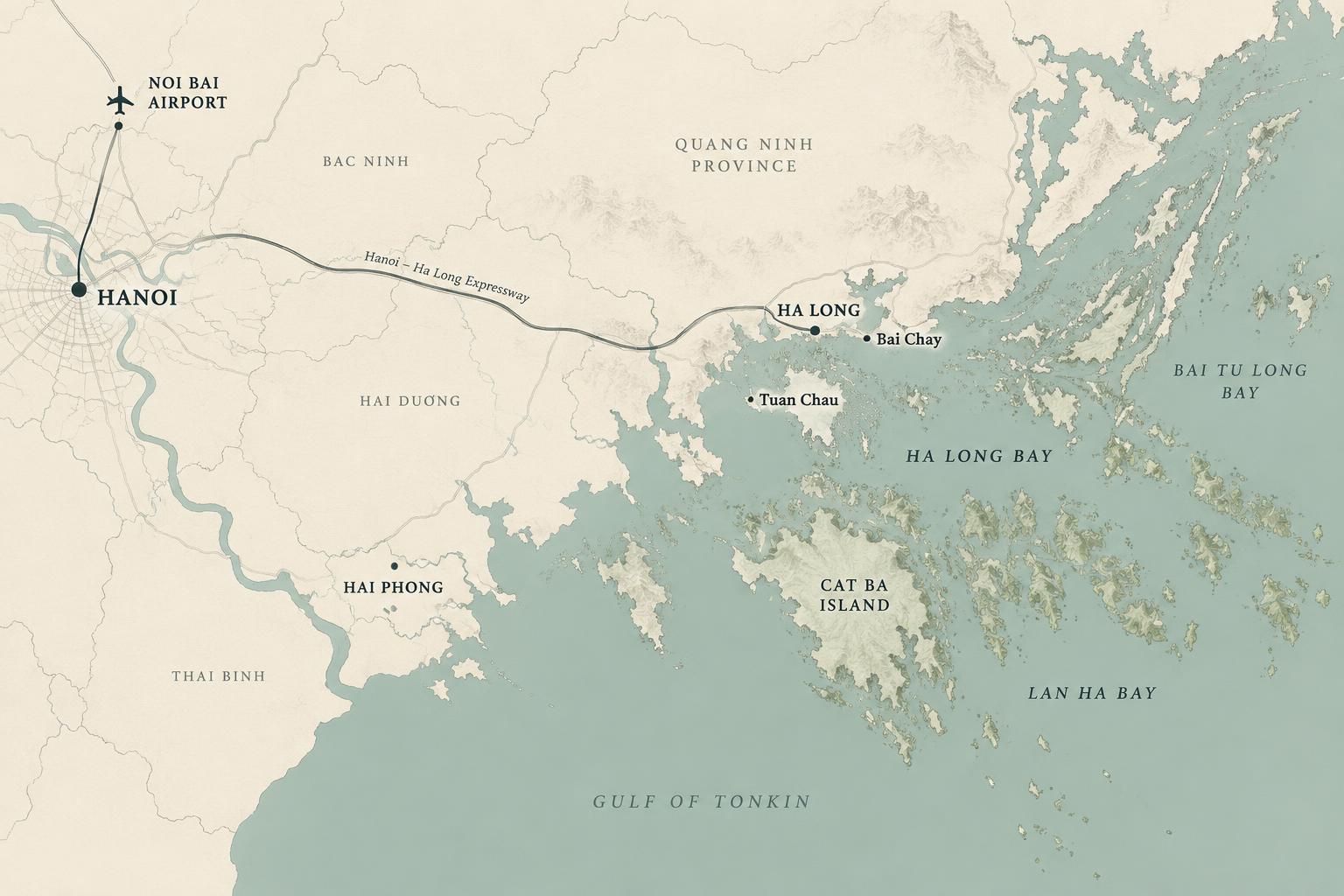 Map showing Hanoi, Ha Long Bay, Cat Ba, Lan Ha Bay and Bai Tu Long Bay